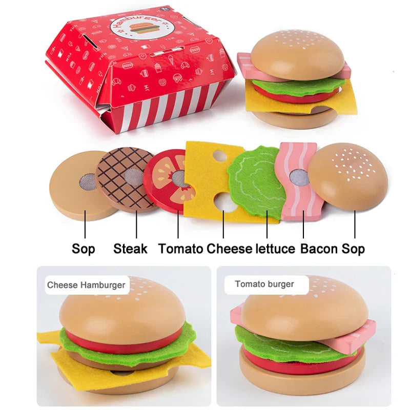 Burgers and Fries Pretend Play Food Set - Kids Fast Food Toy with Mix-and-Match Toppings