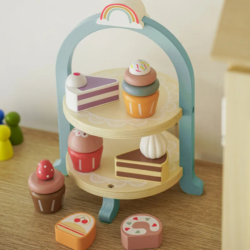 Wooden Afternoon Tea Set - Pretend Play Tea Party with Sweets & 2-Tier Display