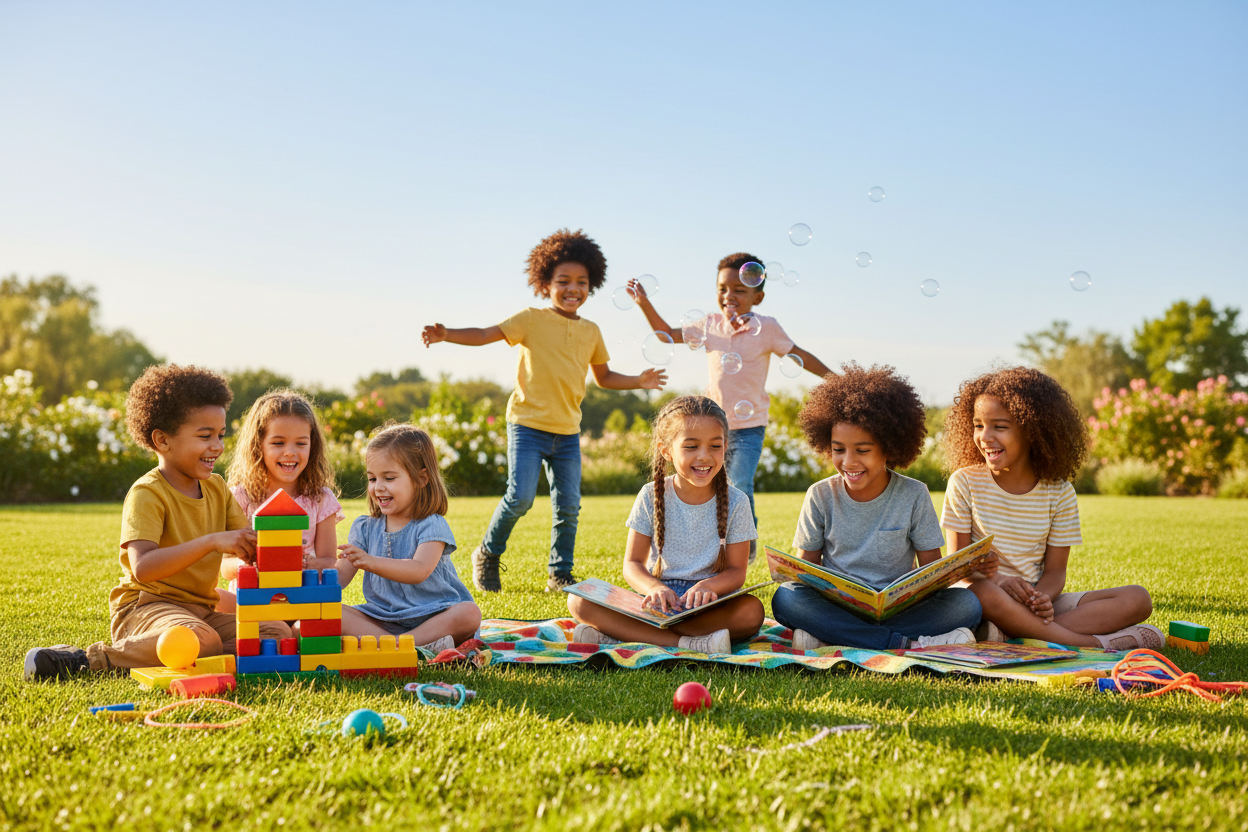 show happy, animated children of different races playing with toys, reading books, and interacting in small groups outdoors on a sunny day. Try centering at least 5 children in the middle of the image