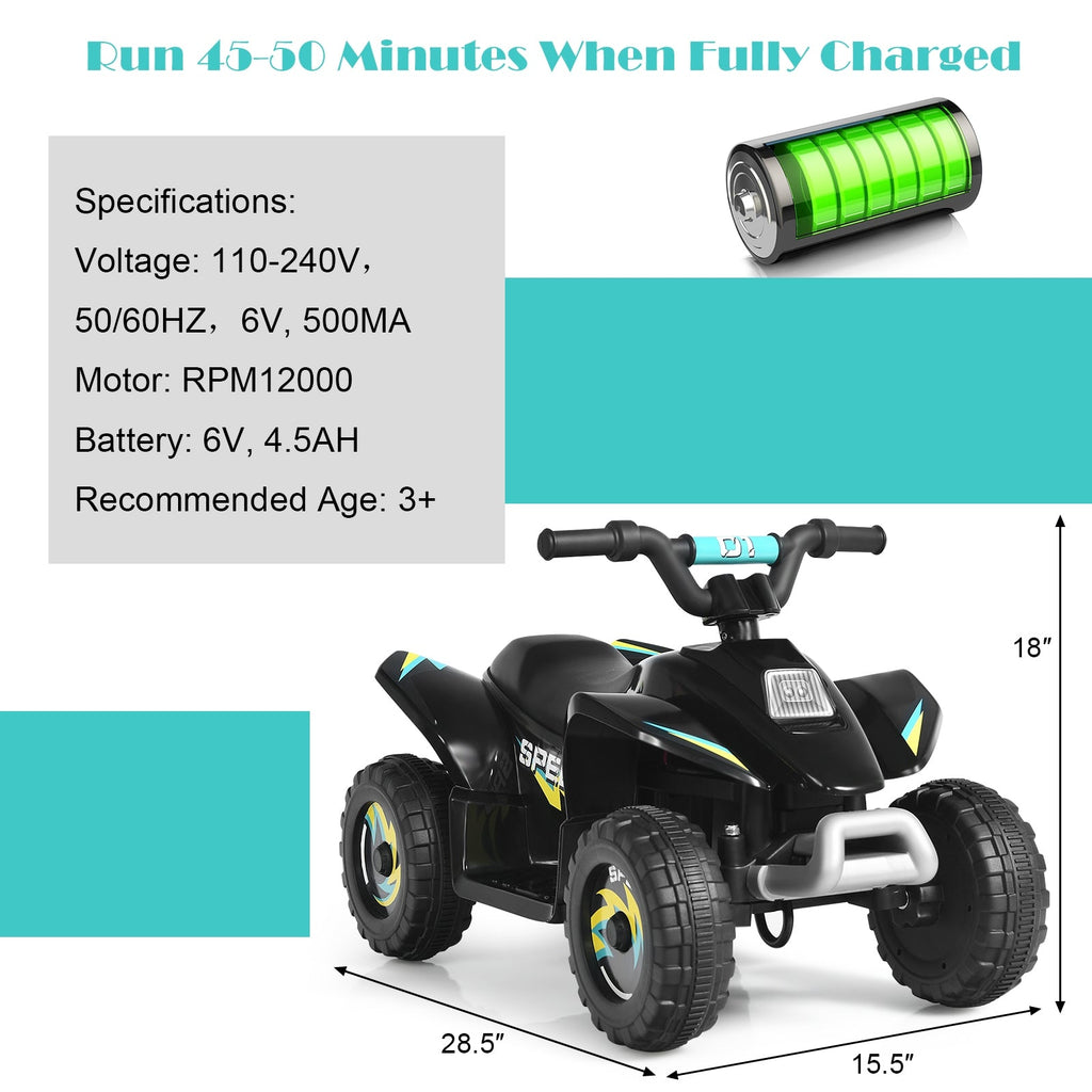 6V Kids Electric ATV Ride-On Toy - 4 Wheel Battery Powered Quad - Black