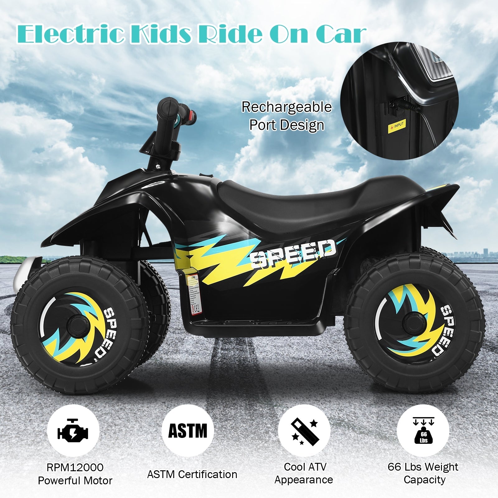 6V Kids Electric ATV Ride-On Toy - 4 Wheel Battery Powered Quad - Black