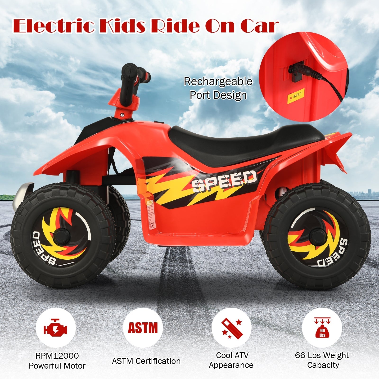 6V Kids Electric ATV Ride-On Toy - 4 Wheel Battery Powered Quad for Toddlers (Red)