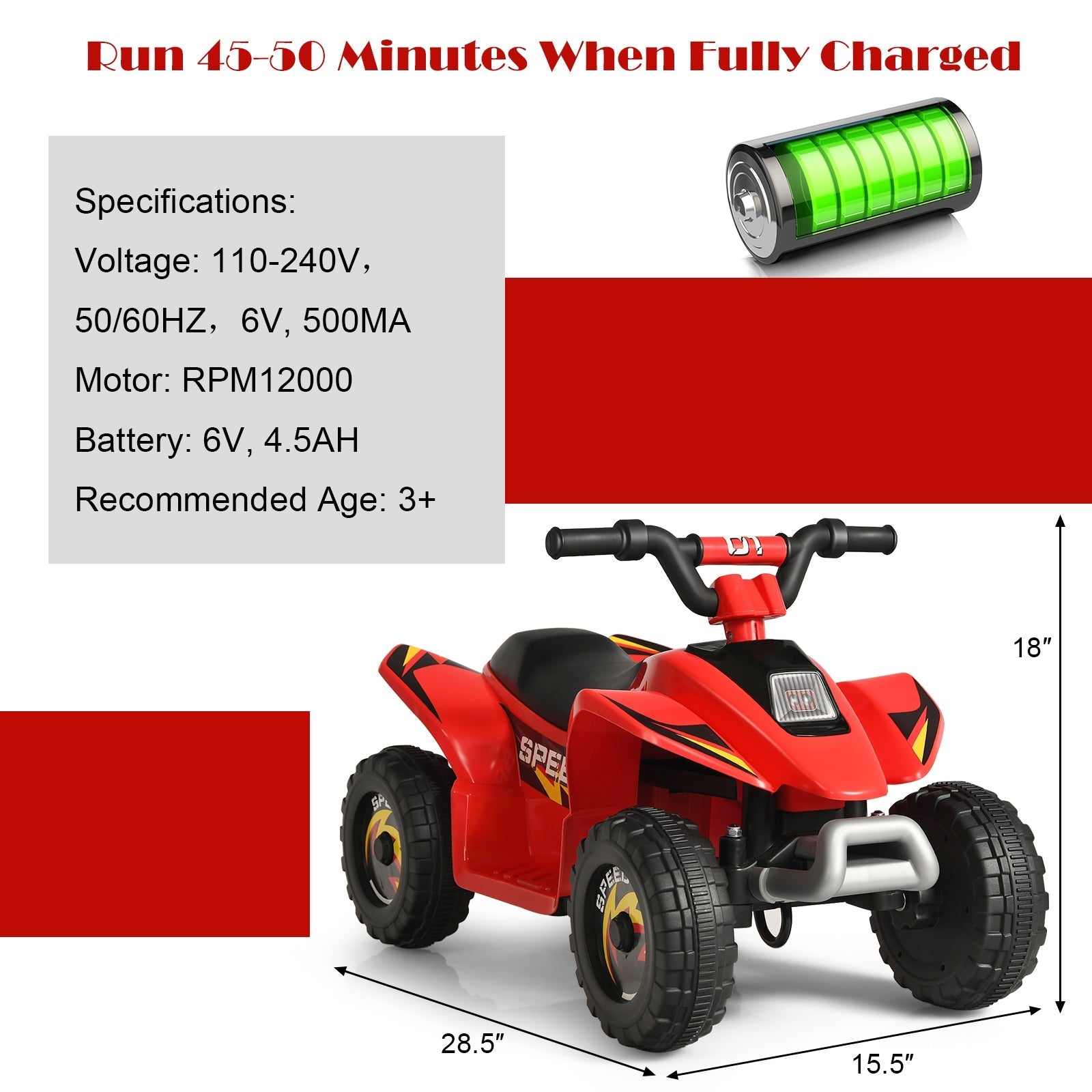 6V Kids Electric ATV Ride-On Toy - 4 Wheel Battery Powered Quad for Toddlers (Red)