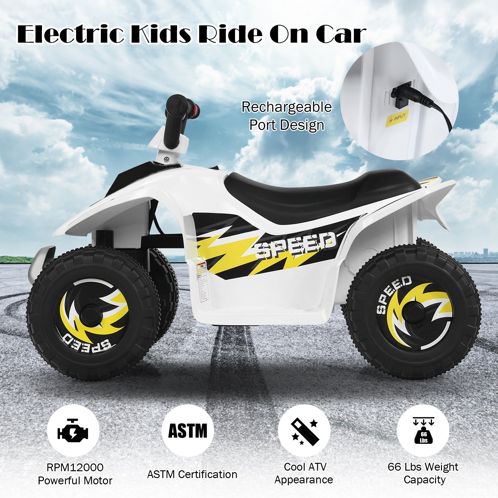 6V Kids Electric ATV Ride-On Toy - 4 Wheel White Battery Powered Quad