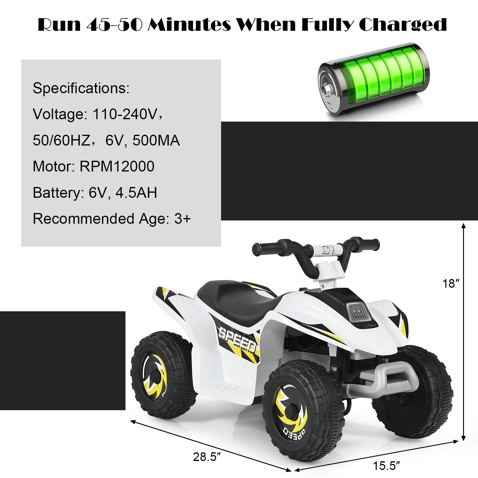 6V Kids Electric ATV Ride-On Toy - 4 Wheel White Battery Powered Quad